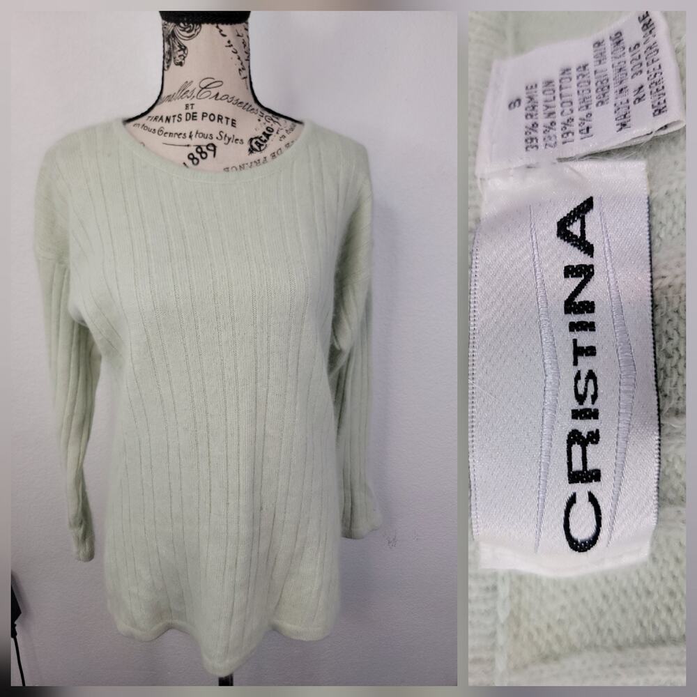 VTG Cristina Tunic Sweater Womens Size Small Angora Blend Crewneck Ribbed Fuzzy